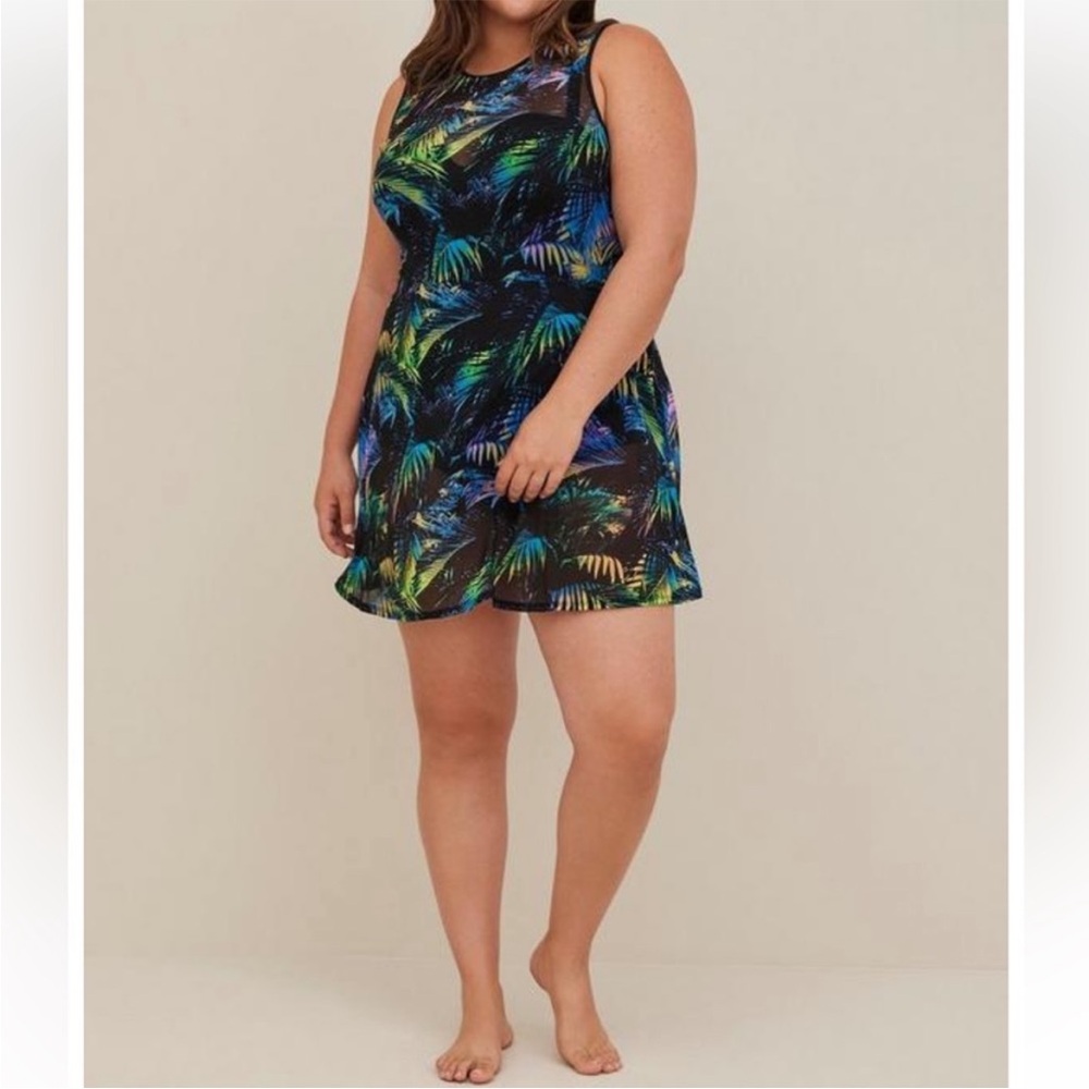 Torrid Underwire Long Mesh Overlay Swim Dress   Palms Forest Black print 2 D-DD